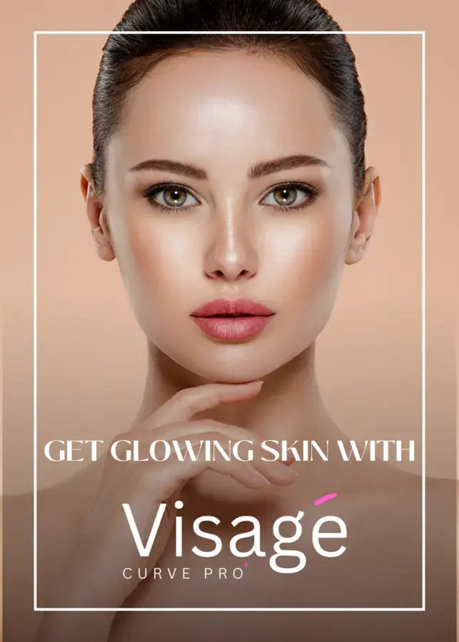 image of a lady with the text of get glowing with Visage Curve Pro.